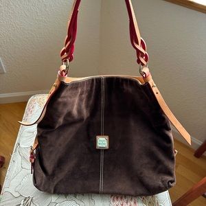 Dooney & Bourke Chocolate Suede slouch bag, large, with red trim on strap